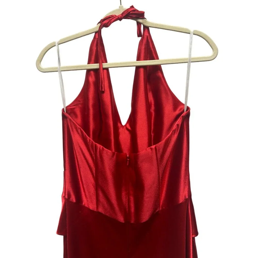 Jessica McClintock Gunne Sax Vintage 90's Red Satin Halter Evening Gown with Rhi - Picture 3 of 9
